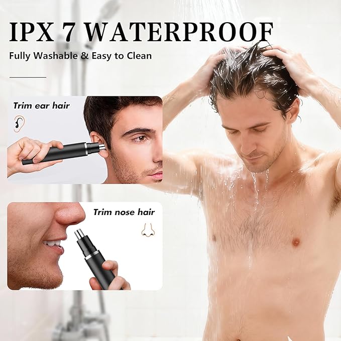VNTGSHAVER Nose Hair Trimmer, Rechargeable Cordless Painless Ear Eyebrow Trimming Tool Dual Edge Blades Razor Easy Cleansing with LED Light for Man Woman, IPX7 Waterproof, for Nose, Ear, Eyebrows