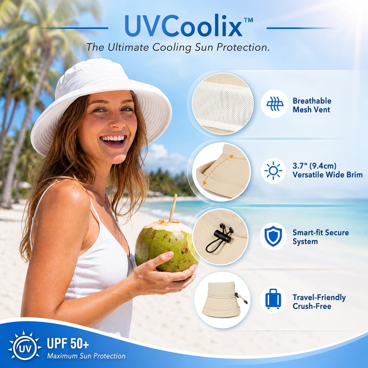 TOP-EX UVCoolix UPF 50+ Wide Brim Ponytail Sun Hat - Black, L/XL