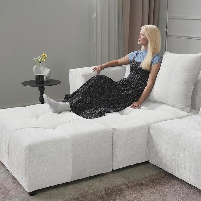 JACH 144.1 Inch U-Shaped Modular Sofa, Mid Century Modern Deep Seat Sectional Couch, 3-Seater Sofas with Chaise Ottomans for Living Room, Cozy Sofas for Apartment, Living Room (Linen Fabric, White)