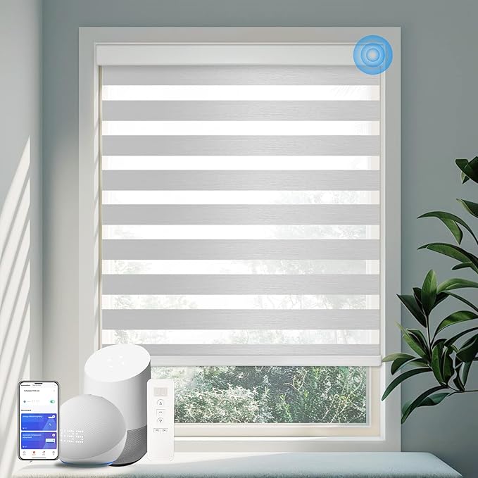 COOLWINDS Motorized Zebra Blinds for Windows Cordless Electric Curtains with Remote Control Blackout Shades Custom Smart Blinds Compatible with Alexa Google Home(Light Filtering Grey,W36 X 72in)