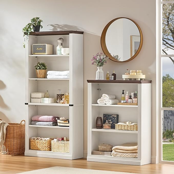 43" White Tall Bookshelf Set of 4,3-Tier Thick Wooden Book Shelf with Adjustable Shelves,Free Standing Farmhouse Bookcase with Open Display Storage,Floor Vintage Bookshelves for Living Room
