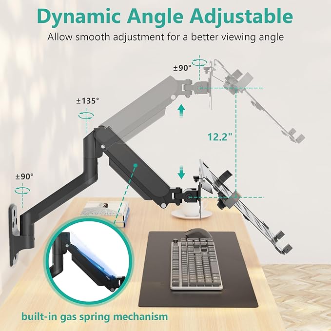 WALI Single Arm Laptop and Monitor Wall Mount for 17" Notebook and Up to 32" Screen, Full Motion Adjustable Wall Mount with Laptop Tray, VESA 75x75 100x100, Holds 15.4-22 lbs, Black (GSWM001LP)