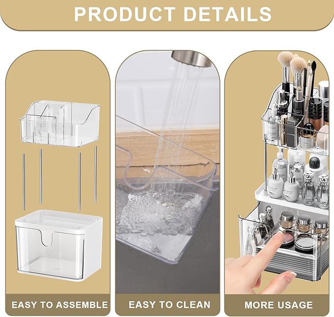 Makeup Organizer Countertop with Drawer, Bathroom Counter Organizers, Anti-Slip Dustproof Exquisite Dresser Vanity Storage for Skin Care Perfume Beauty Lipstick,Clear