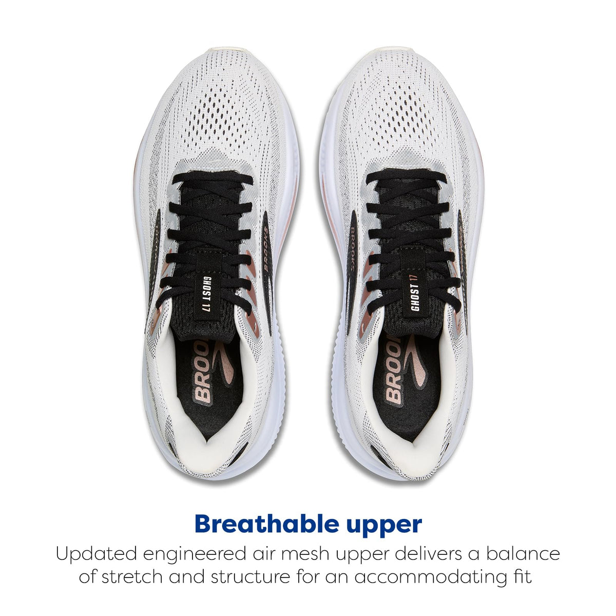 Brooks Women’s Ghost 17 Neutral Running Shoe - White/Black/Rose Gold - 10.5 Wide