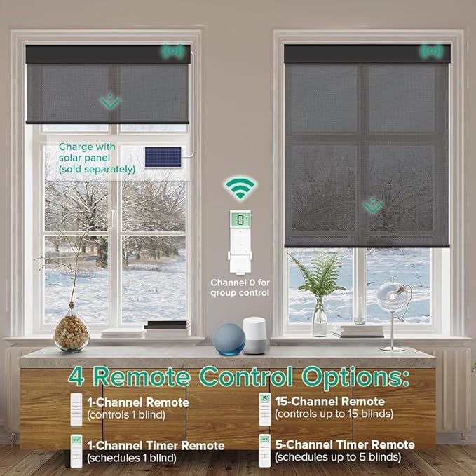 Kilonity Motorized Roller Shades, Light Filtering Remote Control Custom Window Shades Compatible with Alexa Google Assistant via RF Hub, Rechargeable Electric Blinds for Windows (Fireproof Black)