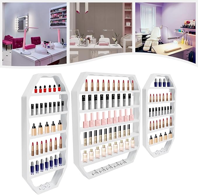 Metal Nail Polish Storage Rack, Wall Mounted Cosmetic Display Case, Lipstick Shelf, Essential Oil Organizer for Bottles, Spa Nail Salon (White)