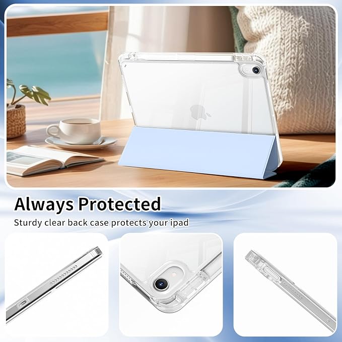 Case for iPad Air 11 Inch M4/M3/M2 Air 5th/4th Gen 10.9 Black | Pencil Holder Slim Trifold Stand Cover Clear Hard Back Shell Auto Sleep/Wake