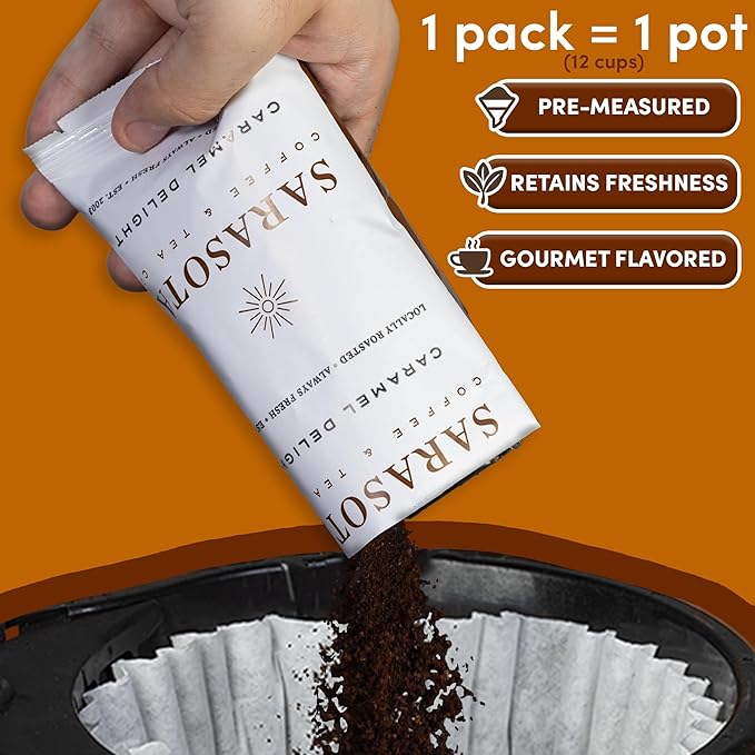 Salted Caramel Coffee Packs – Flavored Medium Roast | 2.5oz Pre-Measured Ground Packets for 12-Cup Brewer | Low Acid Mold-Free Gourmet Pouches | 36 Count by Sarasota Coffee