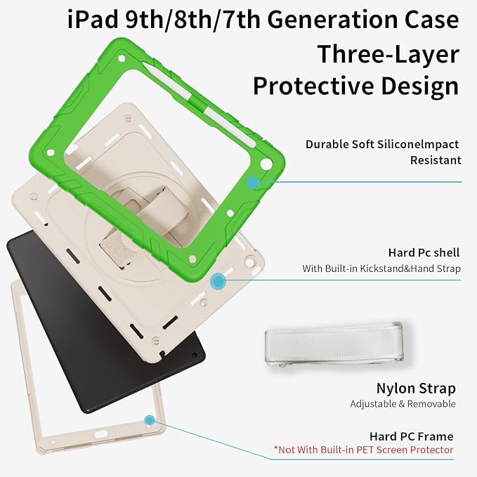 Case for iPad 9th/8th/7th Generation10.2 Shockproof 360 Rotating Stand Shoulder Hand Strap with Pencil Holder for iPad 10.2 inch 2021/2020/2019 Case (Black)