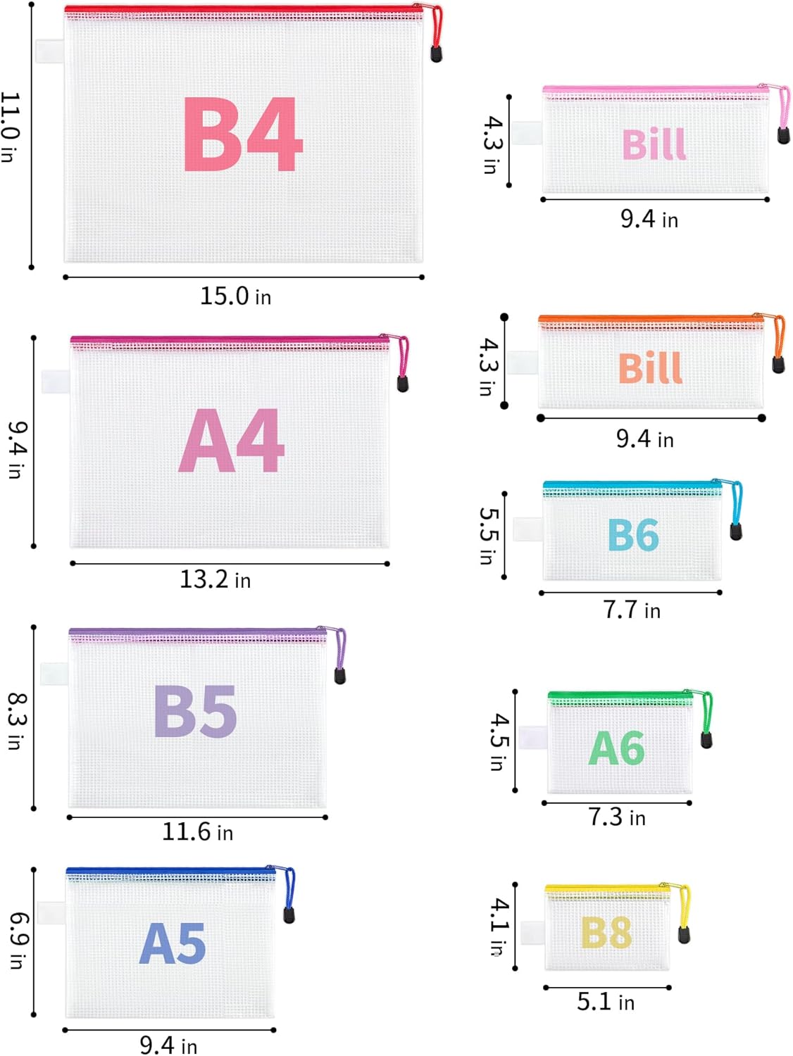 JARLINK 48 Pack 8 Sizes Mesh Pouch, 9 Colors, Waterproof Zipper File Bags Document Multipurpose Travel Bags for Office, School, Board Game, Puzzles, Cosmetics, Travel Accessories, and Home Organize