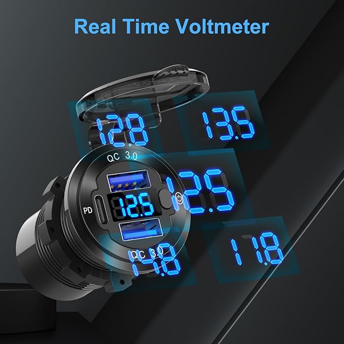 12V USB Outlet Boat Accessories Marine Switch Panel Plug, PD3.0 and Dual QC3.0 USB Ports Aluminum Car Charger with Voltmeter, Lighted 150W Cigarette Lighter Socket and Toggle Switch 3 in 1 DIY Kit