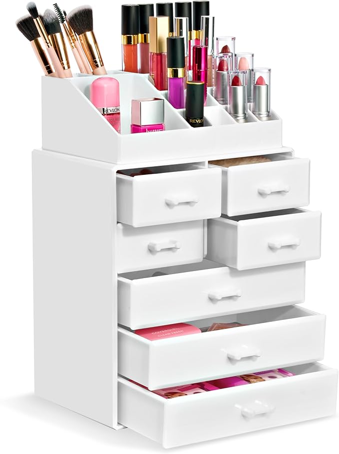 Sorbus Makeup Organizer, Brush Holder and Make Up Storage Drawers - Acrylic Makeup organizer for vanity, Bathroom - Cosmetic Display Cases with 3 large, 4 Small Drawers & 1 Tray for Makeup Brush
