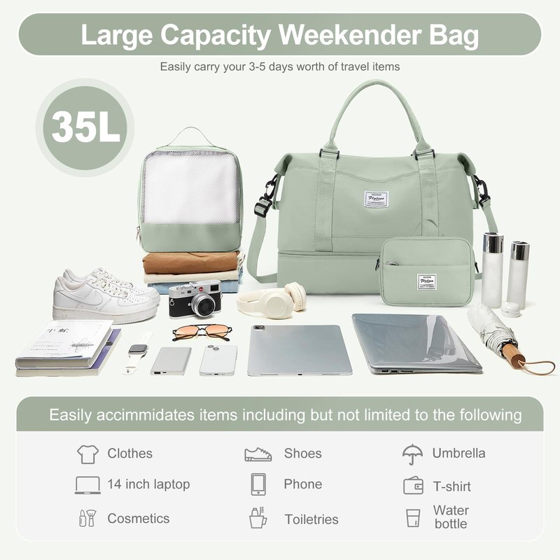 Travel Duffle Bag for Women,Weekender Overnight Bag with Shoe Compartment,Carry on Personal Item Travel Bag,3 Pcs Set,Light Green