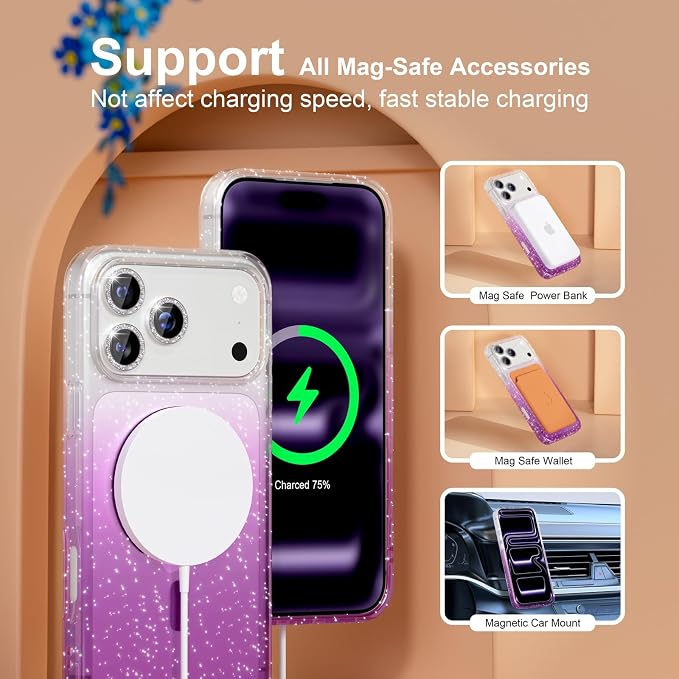 Choiche for iPhone 15 Pro Max Case Compatible with MagSafe Glitter Black | Women Girly Cute Glitter Sparkly Magnetic Phone Case with Diamond Camera Lens Protectors Military-Grade Drop Protection 6.7