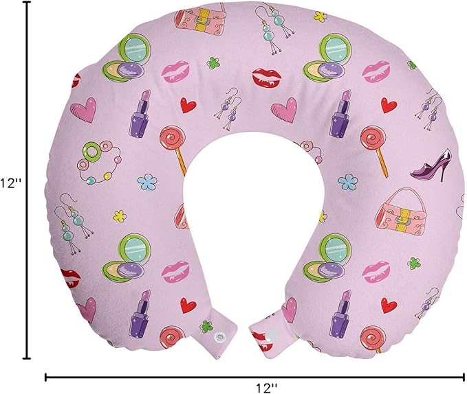 Ambesonne Cartoon Travel Pillow Neck Rest, Girls Illustration with Fashion Accessories and Makeup Lollipop Flower Print, Memory Foam Traveling Accessory for Airplane and Car, 12", Pink Purple