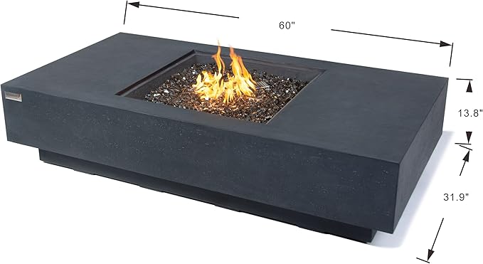Elementi+ | Bundle Cannes Gas Fire Pit Cast Concrete 60" Rectangular Fire Table, Outdoor Fire Pit Electronic Ignition | Canvas Cover, Fire Glass and Burner Lid Included | Dark Gray | Natural Gas