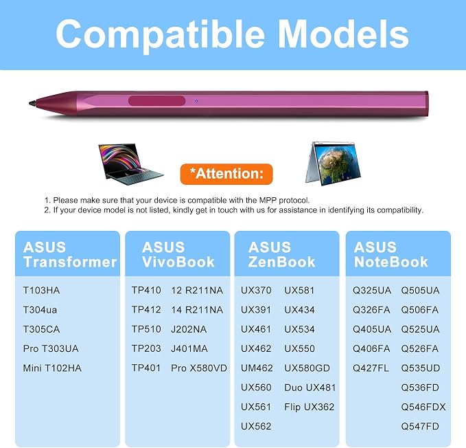 ASUS Stylus Pen for Transformer/Vivobook Flip/Notebook Touchscreen Laptop/Tablet - Rechargeable 4096 Pressure Sensitivity Microsoft MPP Protocol Black