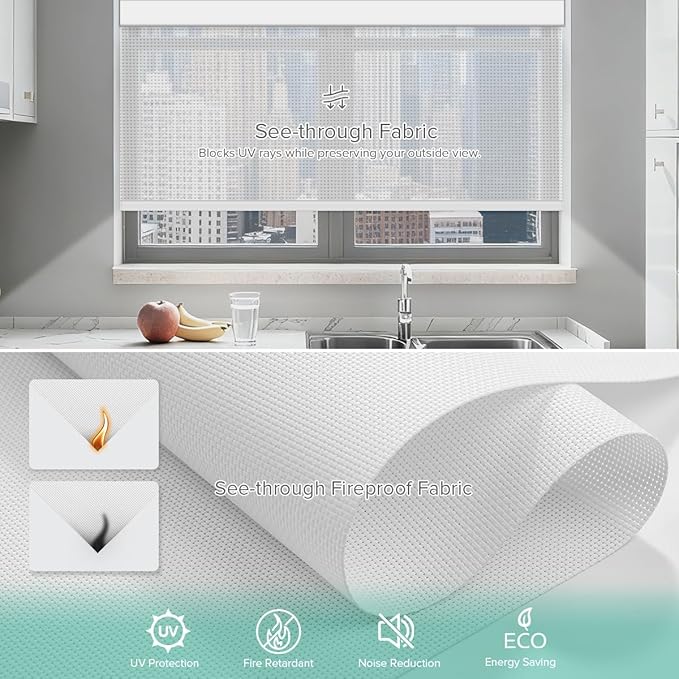 Kilonity Motorized Roller Shades, Light Filtering Remote Control Custom Window Shades Compatible with Alexa Google Assistant via RF Hub, Rechargeable Electric Blinds for Windows (Fireproof White)