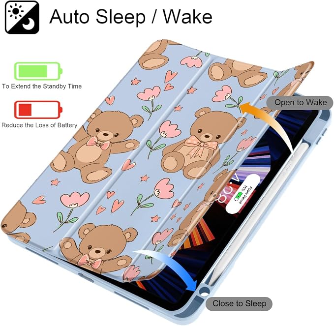 May Chen Case for iPad 12.9 Inch (6th/5th/4th/3rd Generation 2022/2021/2020/2018) Pencel Holder + Trifold Support Auto Sleep/Wake Transparent Shockproof Back Cover Blue Bows