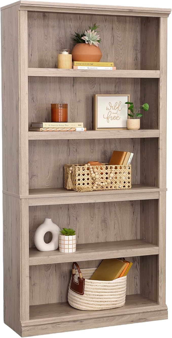 Sauder 5 Tier Book Shelf Wooden Bookcase Multipurpose Bookshelf for Home Office, Living Room, in Laurel Oak