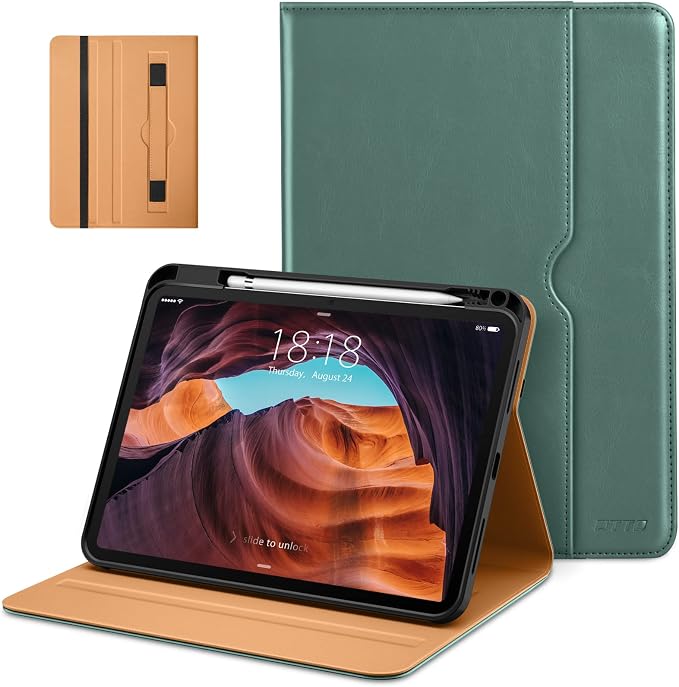 DTTO for iPad (A16) 11th Generation 11-inch &amp 10th Gen Case Brown | Premium Leather Business Cover with Pencil Holder Hand Strap &amp Pocket Corner Protection Auto Sleep/Wake for Work &amp