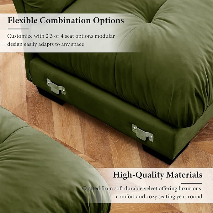130"Oversized Couch, 3 Seater Modular Sectional Sofa, Olive Green Large U Shaped Sectional Couches for Living Room, Fluffy Couch Set, 3 Seater, Velvet Cloud Couches with Ottoman, Sofas for Living Room