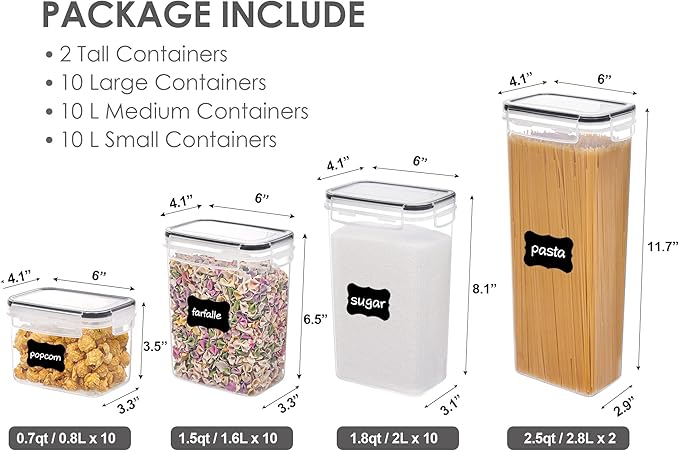Vtopmart 32pcs Airtight Food Storage Containers Set, BPA Free Plastic Kitchen and Pantry Organization Canisters with Lids for Cereal, Dry Food, Flour and Sugar, Includes 32 Labels
