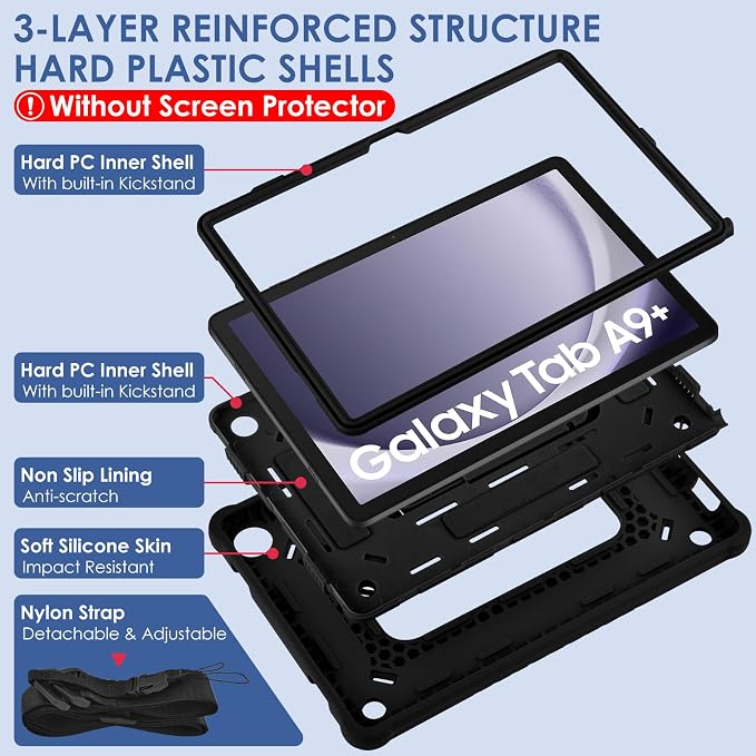 DETUOSI Case for Samsung Galaxy Tab A9+/A9 Plus Case 11 inch 2024/2023 (SM-X210/X216/X218) Heavy Duty Protection Shockproof Rugged Case for Galaxy Tab A9 Plus with Stand and Shoulder Strap