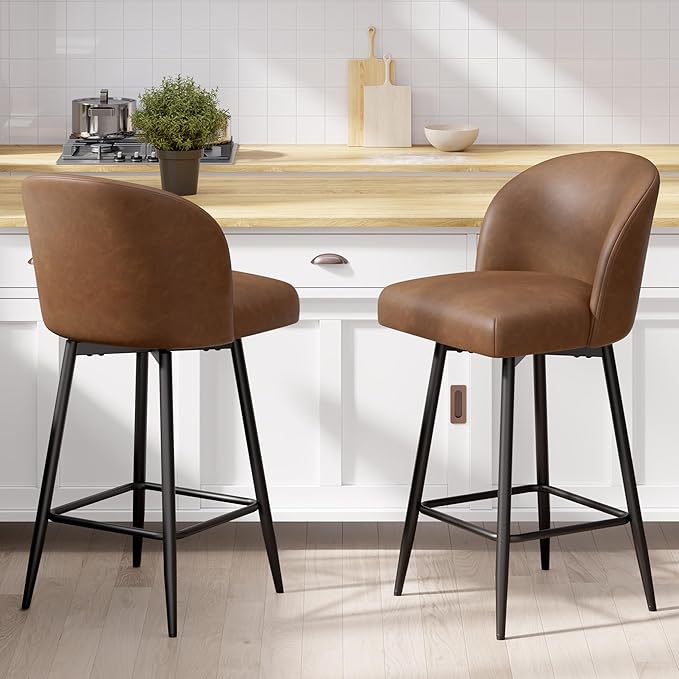 Counter Height Bar Stools Set of 4,360° Swivel Barstools with High Back and Metal Legs,26" Seat Height, Upholstered PU Leather Bar Chairs for Kitchen Island, Dining Room,Cafes,Brown