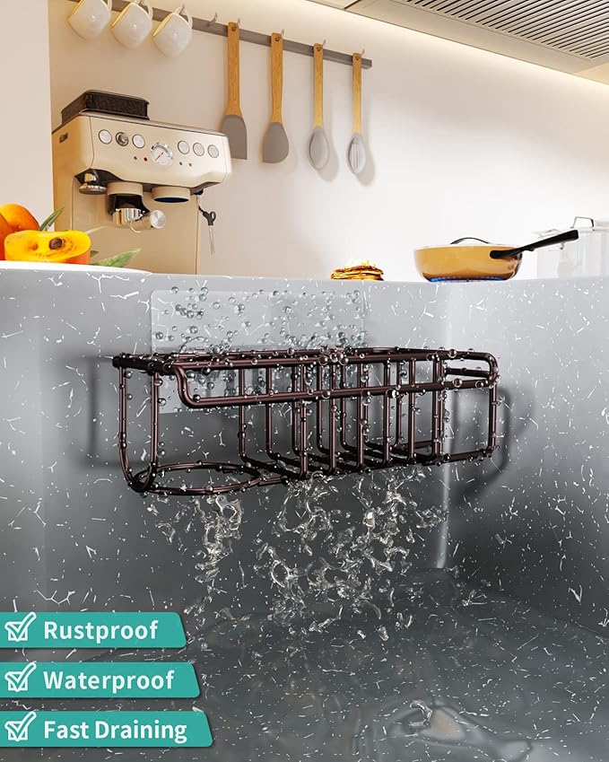 HapiRm 4 in 1 Adhesive Kitchen Sink Organizer, SUS304 Stainless Steel Brush Holder + Dish Cloth Hanger + Soap Rack + Sink Stopper Holder, No Drilling Sponge Caddy for Kitchen - Bronze