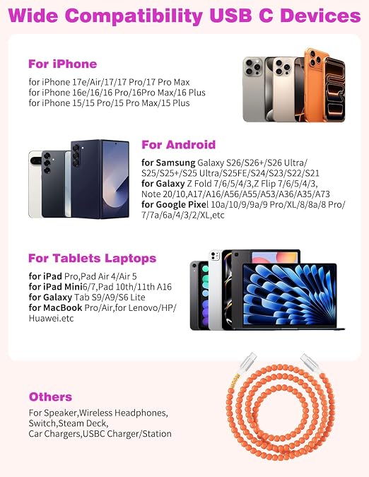 Jelanry 3FT USB-A to USB-C Fast Charging Cable Beaded &ampData Sync Women Girl | Cute kawaii beaded cable for iPhone 17/16/15 Samsung S26/S25/S24 Pixel iPad Fast charge for daily use office &amp tra