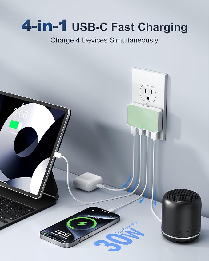 USB C Wall Charger Super Thin Flat USB Wall Plug with 4 Ports Fast Charging USB Plug Adapter with PD20W for Home and Travel (Blue)