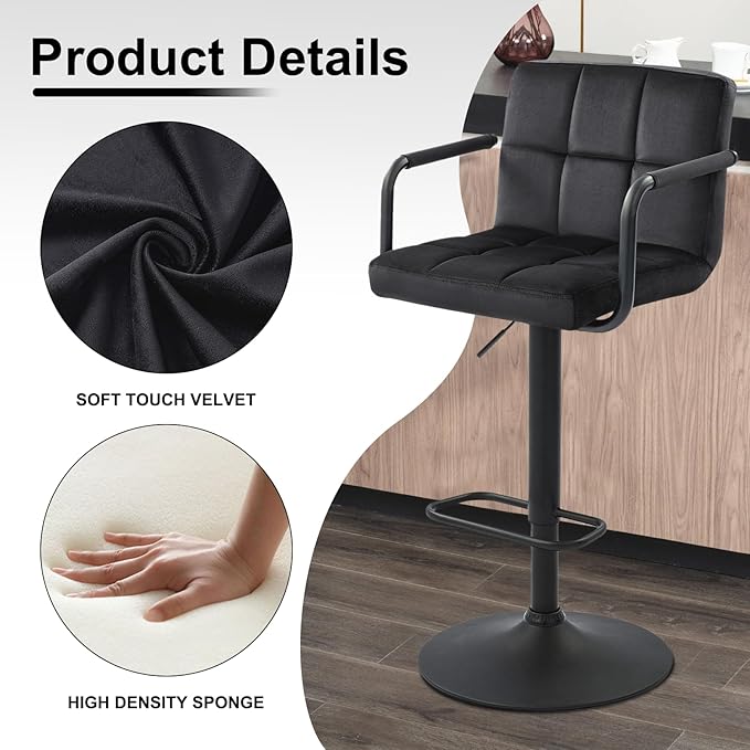 Furnimart Adjustable Bar Stool Swivel Barstools Set of 2 Counter Stools with Armrest and Footrest Upholstered Bar Chairs for Kitchen and Dining Room (Velvet-Black)