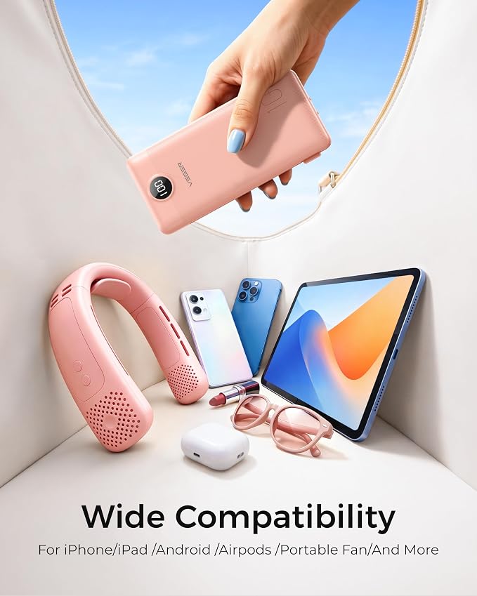 VEGER Portable Charger for iPhone Power Bank Built in Cable and Wall Plug | 10000mAhUltra Slim&ampCompact5 OutputsLED DisplayFlight-SafeTravel Essentials Battery Pack for iPhone 17iPad Samsun