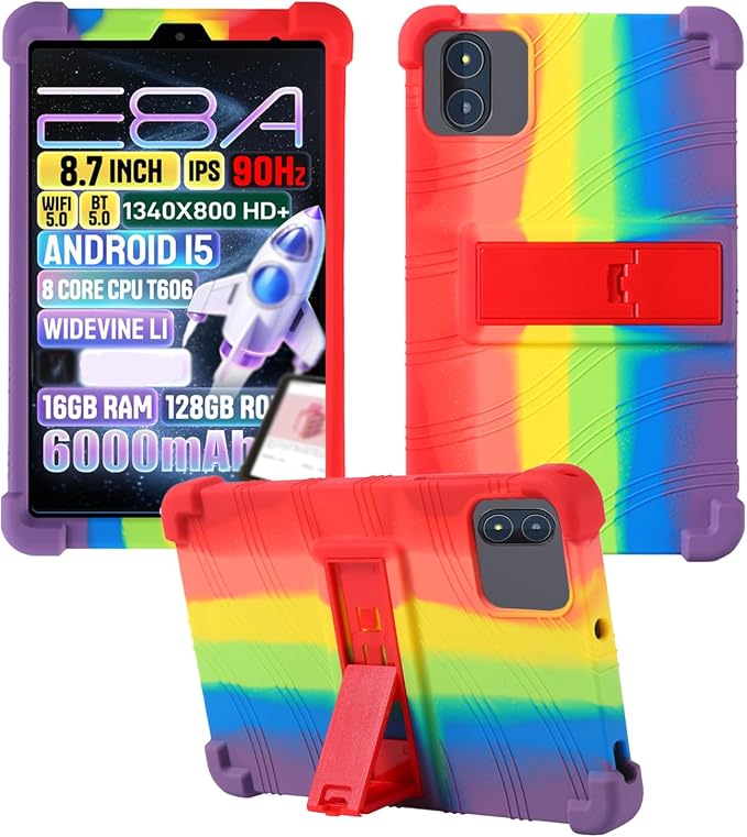 Case for Zuleisy E8A Android 15 Tablet 8.7 inch，WUNIAK Shock Proof Lightweight Stand Rubber Shell Protective CoverKids Friendly Soft Silicone Adjustable Stand CoverBlack