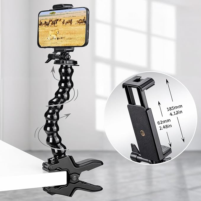 Gooseneck Phone Holder Flex Clamp Clip Mount with Flexible Jaws for Desk Pole or Mobile Stand Adjustable Compatible with iPhone 14 13 Pro XS Max XR X 8 7 6 6s Plus and Other 4-7'' Device