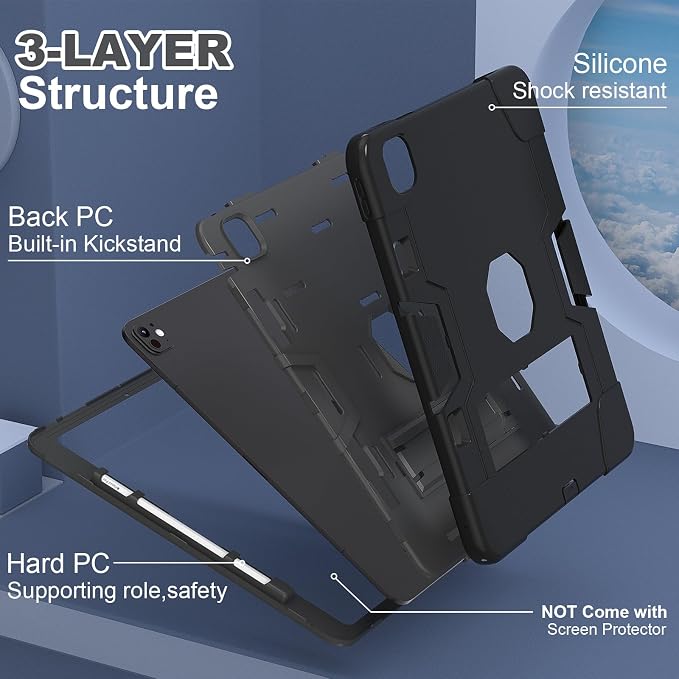 for iPad Pro 13 Inch Case M4 (2024 Model 7th Generation) A2925 A2926 A3007 with Kickstand Silicone Cover Protective Case for iPad Pro 13” Black