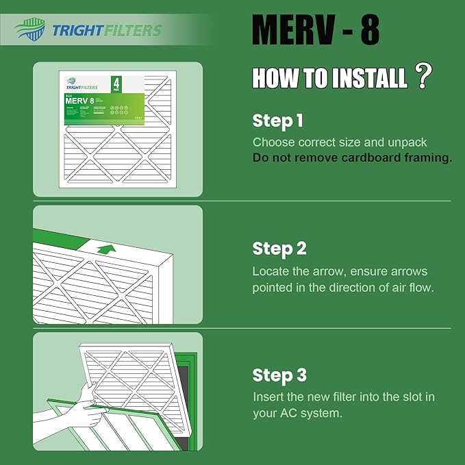 16x20x1 Air Filter 4 Pack, Durable MERV 8 Pleated Home HVAC AC Furnace Filters