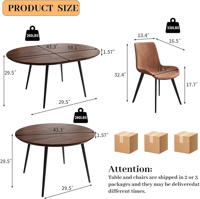 43.3"-59.1" Extendable Round Dining Table Set for 6, Mid Century Modern Wooden Round Table, Leisure Coffee Table,w/ 6 PU Leather Chairs