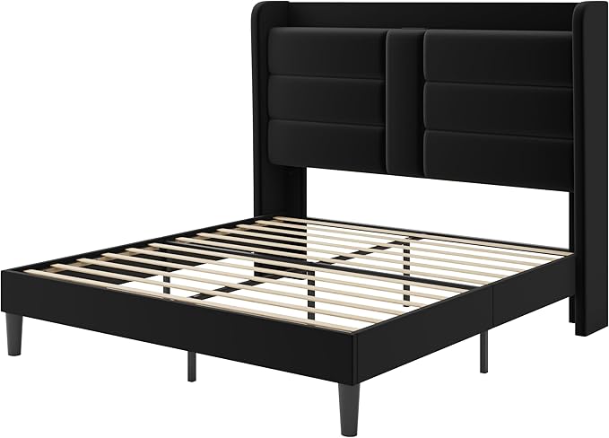 SHA CERLIN Queen Size Bed Frame with Charging Station & Storage Headboard, Velvet Platform Bed with Upholstered Modern Wingback Design, Wooden Slats Support, No Box Spring Needed, Easy Assembly, Black