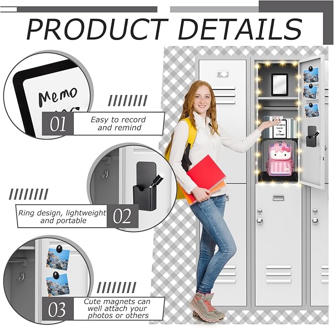 Patelai 11 Pcs Locker Accessories Kit Included Locker Shelf Magnetic Mirror Pen Holder Whiteboard Marker Faux Fur Rug Light String and Magnet for Back to School Essentials(Black)