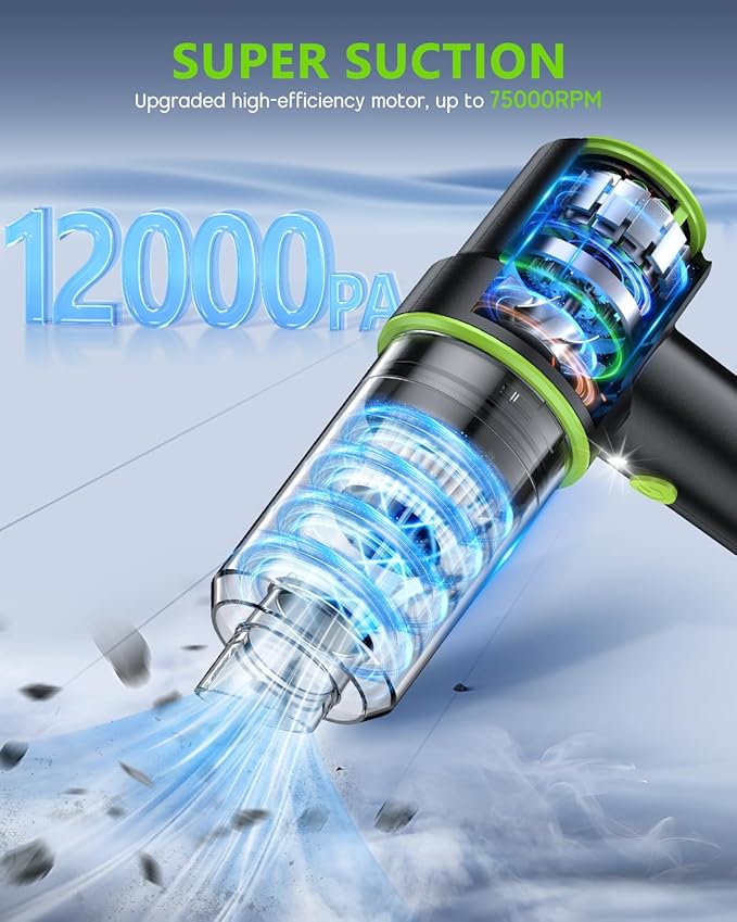 CODN Handheld Car Vacuum Portable Cordless 12000PA, 2 in 1 Handheld Vacuum Cleaner and Air Duster with Multi-Nozzles and LED Light, Mini Hand Held Vacuum Rechargeable for Home, Car, Office, Pet Hair