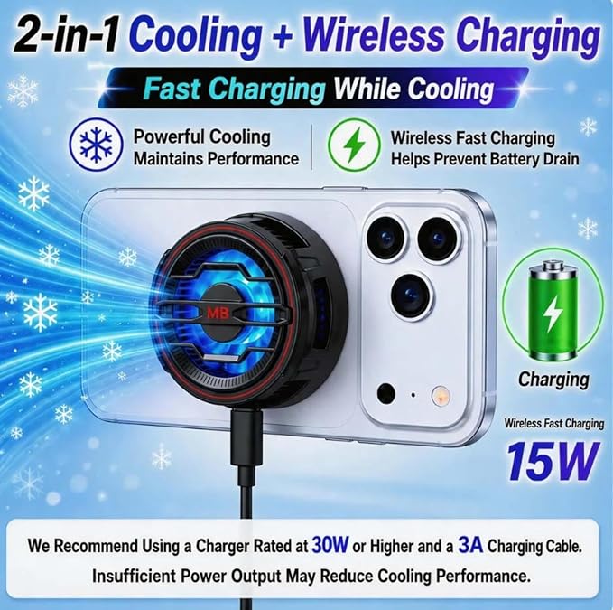 Magnetic Phone Cooler with 15w Fast Wireless Phone Charger Funtion | RGB LED