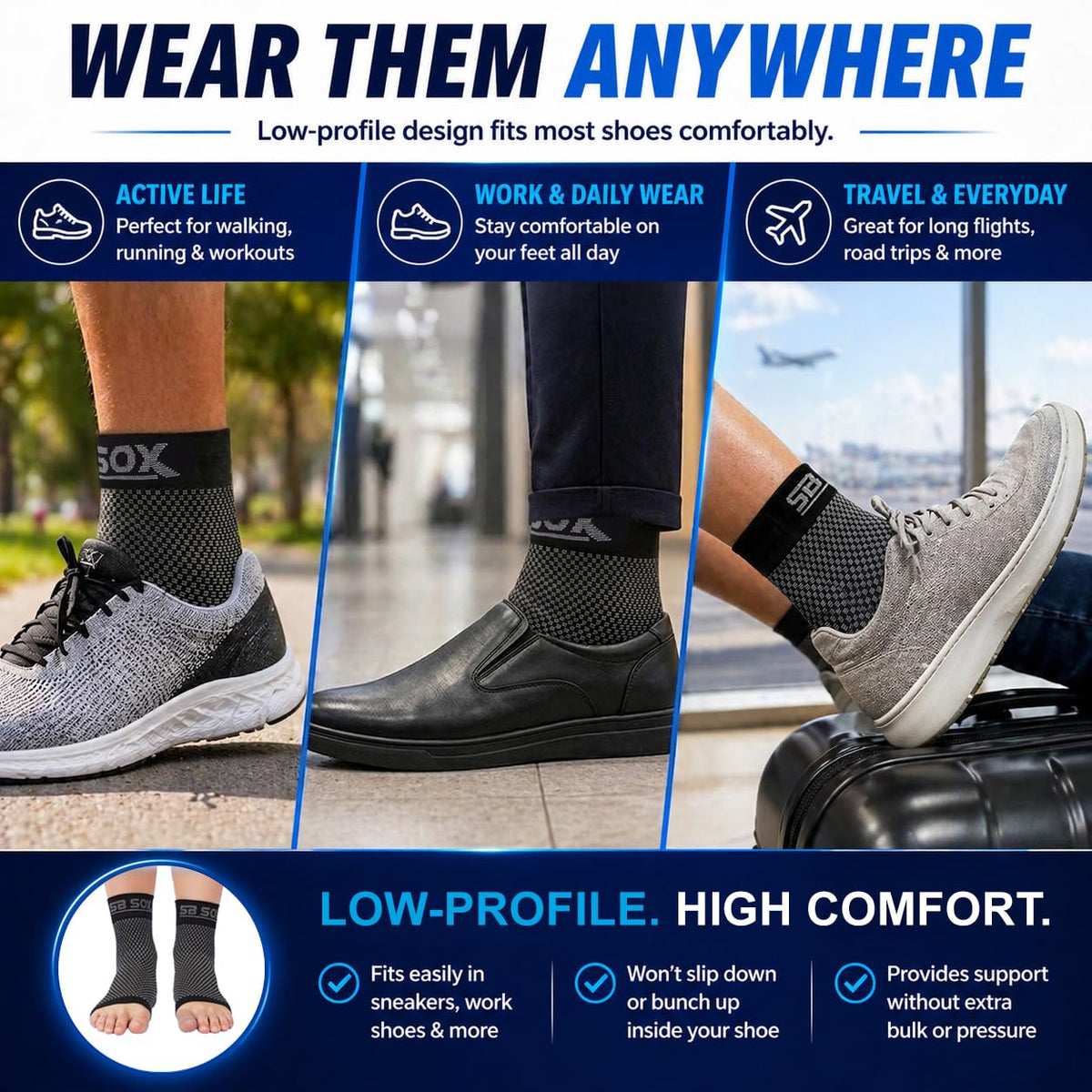 SB SOX Plantar Fasciitis Compression Socks – Arch Support Sleeve for Heel Pain Relief, Achilles Tendonitis & Foot Pain – Toeless Ankle Compression, All-Day Comfort (Black, Medium)