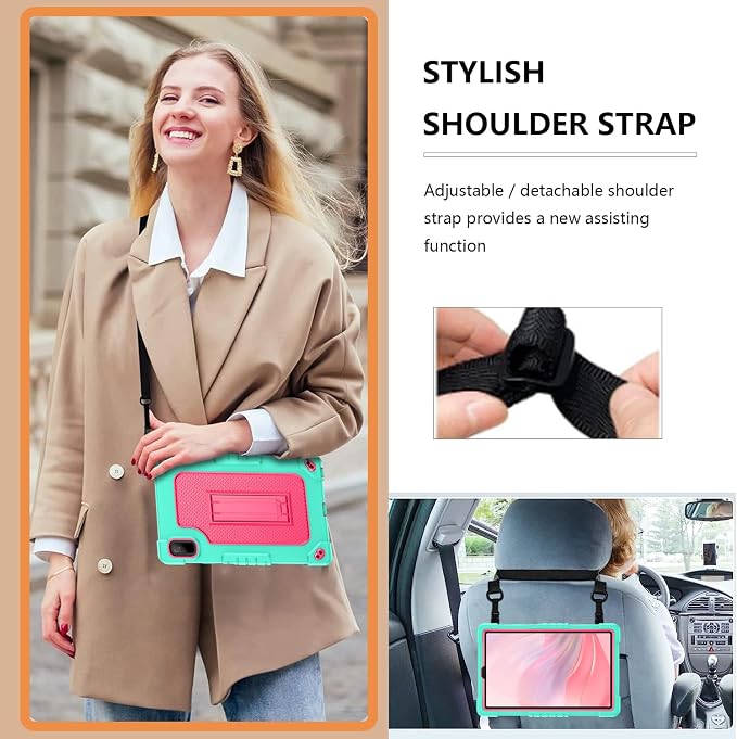 Case for Nook 9 Lenovo Tablet (2024)/Lenovo Tab M9 TB-310FU 2023 Heavy Duty Built in Stand Hard Back Shell Protective Case with Shoulder Strap for Lenovo Tab M9/Nook 9 Tablet (Green+Pink)