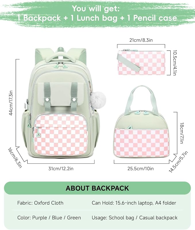 Girls Backpack with Lunch Box 3Pcs, Waterproof School Bag Set for Teen Elementary Middle School, Multi-Pocket Laptop Bookbag Lightweight, Green