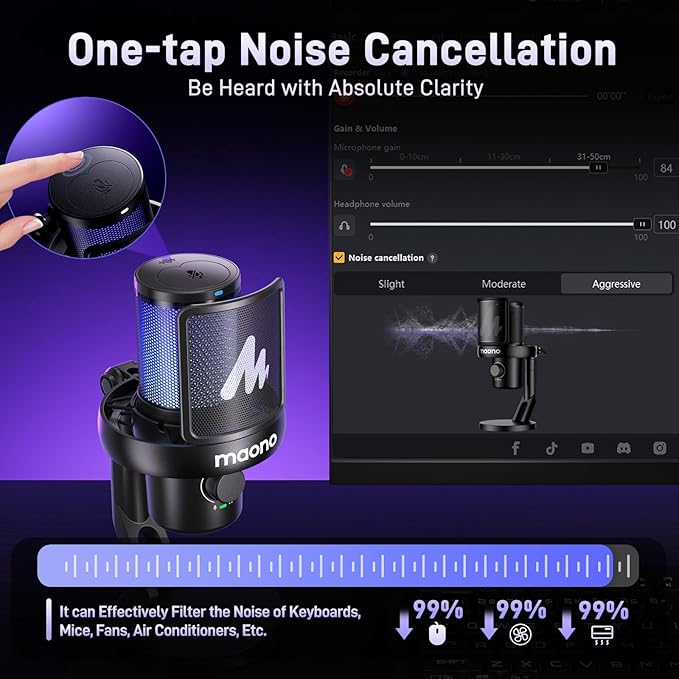 MAONO Wireless Microphone for PC,Gaming Streaming Condenser Mic with Software AI Voice Change,3-Level Noise Cancellation,Custom EQ,Gain Control USB Mic for Podcast Recording (DM40-Black)