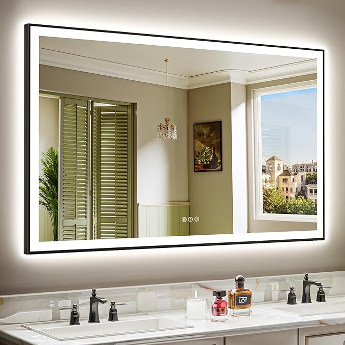 YEELAIT 60x36 Inch LED Bathroom Mirror with Lights (Front Lit and Backlit) Black Framed Lighted Vanity Mirror for Bathroom Wall Dimmable Anti-Fog Memory Tempered Glass Horizontal/Vertical