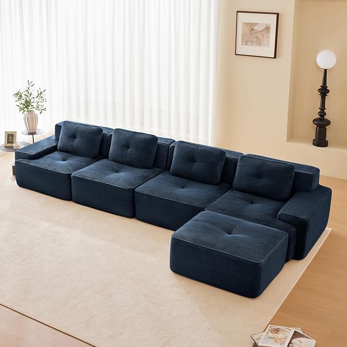 Blue Ottoman for Modular Sectional Sofa, Corduroy Deep Seat for Oversized Compressed Boneless Sectional Couches for Living Room Bedroom Apartment, Cloud Sofa Couch Set, Memory Foam, No Assembly