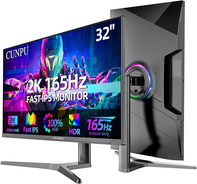 32 Inch Gaming Monitor QHD (2560 x 1440) 2K IPS Panel, 165Hz, 1ms GTG, sRGB 100%,Freesync, HDR10, VESA Mountable,Displayport, HDMI, Height/Tilt/Swivel/Pivot Adjustment, PC Monitor for Gamers